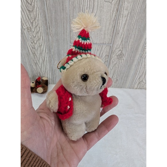 Vintage Mini Plush Teddy Bear Tree Ornament Lot Crochet Sweater Hat Scarf Craft - Picture 4 of 9